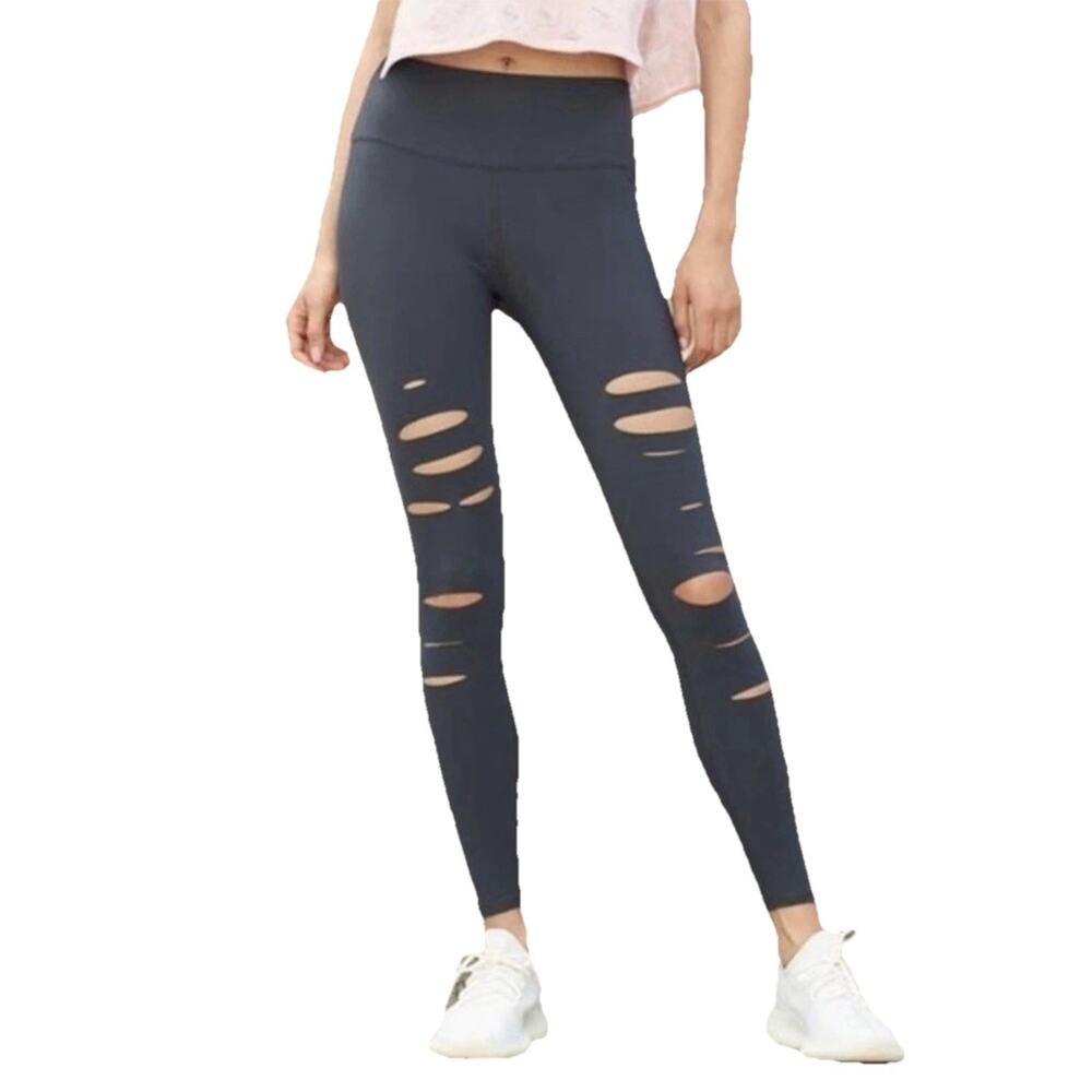 Alo Yoga Ripped Warrior Leggings S Dark Gray High Waist Cutout Athletic Pants